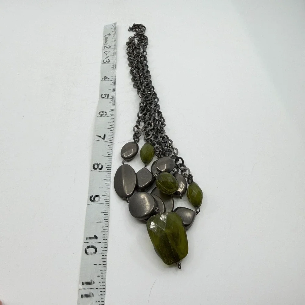 Green Faceted Bead Silver Tone Multi Strand Chunky Statement Bib Necklace Boho